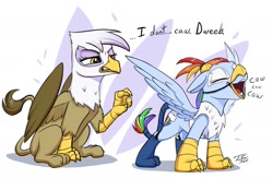 Size: 2000x1303 | Tagged: safe, artist:tsitra360, derpibooru import, gilda, rainbow dash, bird, crow, griffon, pegasus, pony, abstract background, alternate hairstyle, annoyed, backwards cutie mark, behaving like a bird, birb, caw, chest fluff, clothes, costume, cute, dashabetes, disguise, dweeb, eyes closed, face paint, feather, female, floppy ears, frown, gilda is not amused, glare, griffon costume, gritted teeth, imitation, mare, mask, rainbow griffon, raised hoof, silly, silly pony, simple background, sitting, species swap, spread wings, this will end in pain, unamused, white background, wings