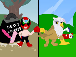 Size: 1280x960 | Tagged: safe, artist:dasucs, artist:mrtheamazingdude, artist:mtad2, derpibooru import, gilda, pinkie pie, earth pony, griffon, pony, abuse, female, fist bump, french, homestar runner, male, mare, pinkiebuse, squashed, strong bad