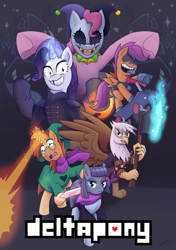 Size: 2000x2840 | Tagged: safe, artist:tyscope, derpibooru import, gilda, maud pie, pinkie pie, rarity, scootaloo, sunburst, earth pony, pony, unicorn, armpits, axe, clothes, cosplay, costume, crossover, deltarune, jevil, kris, lancer (deltarune), magic, open mouth, poster, ralsei, rouxls kaard, scooter, simple background, susie (deltarune), sword, toby fox, tongue out, weapon
