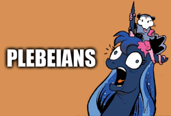 Size: 526x357 | Tagged: safe, edit, idw, princess luna, tiberius, alicorn, pony, caption, cotton candy, food, image macro, meme, plebeian