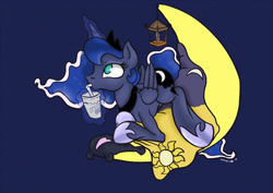 Size: 900x636 | Tagged: dead source, safe, artist:mistydash, princess luna, alicorn, pony, blanket, crescent moon, cute, drink, magic, milkshake, moon, simple background, solo, tangible heavenly object