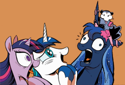 Size: 526x357 | Tagged: safe, princess luna, shining armor, tiberius, twilight sparkle, twilight sparkle (alicorn), alicorn, pony, unicorn, exploitable meme, female, mare, meme