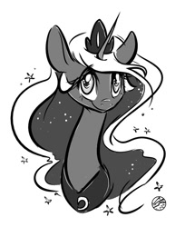 Size: 500x612 | Tagged: safe, artist:kez, princess luna, alicorn, pony, monochrome, simple background, smiling, solo, white background