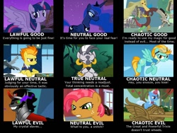 Size: 800x600 | Tagged: safe, babs seed, discord, king sombra, lightning dust, princess luna, spitfire, trixie, twilight sparkle, twilight sparkle (alicorn), zecora, alicorn, draconequus, earth pony, pegasus, pony, unicorn, zebra, season 3, alignment chart, clothes, dungeons and dragons, ear piercing, earring, ethereal mane, female, filly, glowing horn, goggles, jewelry, leg rings, magic, magic aura, male, mare, meme, neck rings, piercing, stallion, starry mane, that pony sure does hate wheels, uniform, wonderbolt trainee uniform