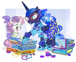 Size: 1200x982 | Tagged: safe, artist:pixelkitties, princess luna, sweetie belle, alicorn, pony, unicorn, 1950s, 50's fashion, adorkable, alternate hairstyle, bipedal leaning, board game, bow, bracelet, braces, card, clothes, cute, diasweetes, dice, dork, dress, fashion, female, filly, frown, garbage day, glasses, grin, horseshoes, jewelry, lunabetes, mare, necklace, open mouth, raised eyebrow, ribbon, silent night deadly night, simple background, skirt, smiling, stratego, tabletop game, transparent background