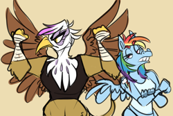 Size: 980x655 | Tagged: safe, artist:beastofeuthanasia, derpibooru import, gilda, rainbow dash, anthro, griffon, pegasus, alternative cutie mark placement, clenched fist, clothes, duo, duo female, female, flexing, hand wraps, implied gildash, implied lesbian, implied shipping, lidded eyes, simple background, sketch, spread wings, tanktop, wings