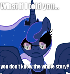 Size: 568x597 | Tagged: safe, screencap, princess luna, sweetie belle, alicorn, pony, for whom the sweetie belle toils, 1000 hours in ms paint, exploitable meme, meme, morpheus, ms paint, the matrix, what if i told you