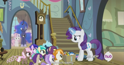 Size: 1439x760 | Tagged: safe, screencap, brown sugar, plumberry, princess luna, rarity, sweetie belle, alicorn, pony, unicorn, for whom the sweetie belle toils, 5-year-old, banana peel (character), burnout (character), hub logo, lightning flare, meme, mint flower, plum star, titania, youtube caption