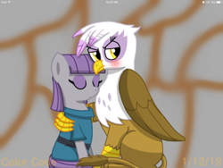 Size: 2048x1536 | Tagged: safe, artist:colorcodetheartist, derpibooru import, gilda, maud pie, earth pony, griffon, pony, abstract background, blushing, clothes, crack shipping, dress, eyeshadow, female, gilmaud, lesbian, shipping