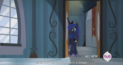 Size: 1440x761 | Tagged: safe, screencap, princess luna, alicorn, pony, for whom the sweetie belle toils, animation error, hub logo, meme, solo, youtube caption