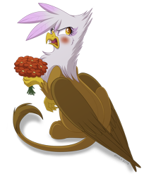 Size: 900x1102 | Tagged: safe, artist:littlehybridshila, derpibooru import, gilda, griffon, cute, flower, gildadorable, gildere, holiday, looking back, simple background, solo, transparent background, tsundere, valentine's day