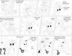 Size: 2361x1846 | Tagged: safe, artist:dreamactualizer, princess luna, spike, twilight sparkle, alicorn, dragon, pony, monochrome