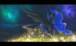 Size: 1719x1047 | Tagged: safe, artist:raikoh, princess luna, sweetie belle, alicorn, dolphin, pony, unicorn, for whom the sweetie belle toils, dream sequence, female, filly, glow, mare, scene interpretation