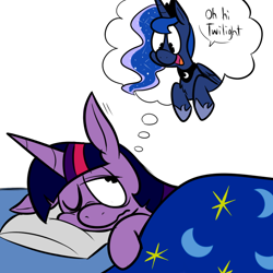 Size: 700x700 | Tagged: safe, artist:karpet-shark, princess luna, twilight sparkle, twilight sparkle (alicorn), alicorn, pony, bed, dream walker luna, female, leaning, mare, one eye closed, open mouth, smiling, thought bubble, twily-daily