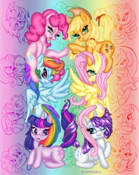 Size: 1188x1498 | Tagged: safe, artist:steven_martin, derpibooru import, aloe, applejack, big macintosh, cheerilee, fluttershy, gilda, lotus blossom, photo finish, pinkie pie, princess celestia, princess luna, rainbow dash, rarity, spike, trixie, twilight sparkle, alicorn, dragon, earth pony, griffon, pegasus, pony, unicorn, season 1, appleshy, female, hug, intertwined tails, kissing, lesbian, male, mane six, rainbow, s1 luna, shadowbolts, shipping, straight, tongue out