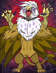 Size: 843x1100 | Tagged: safe, artist:kaemantis, derpibooru import, gilda, griffon, comic:junior gala, angry, beak teeth, claws, collar, colored claws, female, fishnet stockings, gilda is not amused, gradient background, imminent violence, majestic, open beak, rage, rearing, red background, simple background, solo, spiked collar, talons, teeth, this will end in pain, unamused