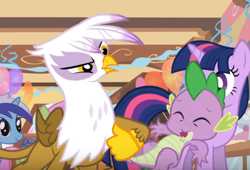 Size: 520x354 | Tagged: safe, derpibooru import, screencap, gilda, merry may, minuette, spike, twilight sparkle, dragon, pony, unicorn, griffon the brush off, cropped