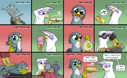 Size: 1400x864 | Tagged: safe, artist:omny87, derpibooru import, gabby, gilda, griffon, behaving like a dog, call, calzone, cute, food, gabbybetes, gildadorable, griffonstone, ice cream, massage, money, phone, pun, scone, sewing machine, singing, sword, telephone, weapon