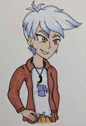Size: 426x625 | Tagged: safe, artist:metalamethyst, derpibooru import, gilda, human, clothes, ear piercing, hand on hip, humanized, jacket, jewelry, leather jacket, necklace, piercing, ripped, ripped shirt, shirt, short hair, smiling, smirk, traditional art
