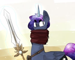 Size: 1280x1034 | Tagged: safe, artist:talludde, princess luna, alicorn, pony, clothes, hearthstone, magic, scarf, solo, sword, telekinesis