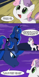 Size: 900x1774 | Tagged: safe, artist:brainsucks, princess luna, sweetie belle, alicorn, pony, for whom the sweetie belle toils, comic, scene parody