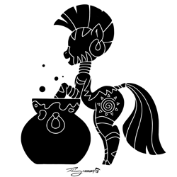 Size: 1479x1480 | Tagged: safe, artist:timmy_22222001, zecora, zebra, black and white, cauldron, decal, grayscale, monochrome, silhouette, simple background, solo, the ass was fat, white background