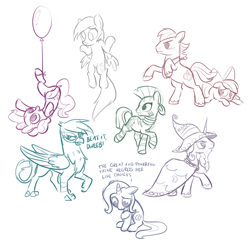 Size: 800x801 | Tagged: safe, artist:naroclie, derpibooru import, applejack, big macintosh, derpy hooves, gilda, pinkie pie, trixie, zecora, earth pony, griffon, pegasus, pony, unicorn, zebra, balloon, dialogue, dweeb, female, floating, looking down, male, mare, quadrupedal, sad, simple background, stallion, then watch her balloons lift her up to the sky, white background