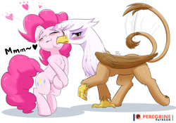 Size: 1000x700 | Tagged: safe, artist:phoenixperegrine, derpibooru import, gilda, pinkie pie, earth pony, griffon, pony, bipedal, blushing, cheek squish, eyes closed, female, floating heart, gildapie, gildere, heart, lesbian, mare, moaning, patreon, patreon logo, raised leg, shipping, squishy cheeks, tail wag, tsundere