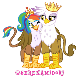 Size: 1280x1269 | Tagged: safe, artist:serenamidori, derpibooru import, gilda, oc, oc:rainbow feather, hippogriff, crown, cute, female, hug, interspecies offspring, jewelry, magical lesbian spawn, mother and child, mother and daughter, next generation, offspring, parent and child, parent:gilda, parent:rainbow dash, parents:gildash, regalia, tiara