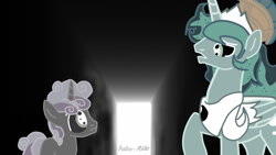 Size: 1366x768 | Tagged: safe, artist:asika-aida, prince artemis, princess luna, silver bell, sweetie belle, alicorn, pony, for whom the sweetie belle toils, inverted colors, rule 63