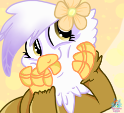 Size: 1234x1121 | Tagged: safe, artist:rainbow eevee, derpibooru import, gilda, griffon, bust, cute, dabday, female, flower, flower in hair, gildadorable, joy, simple background, solo