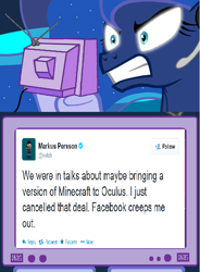 Size: 564x768 | Tagged: safe, princess luna, exploitable meme, meme, meta, minecraft, notch, obligatory pony, oculus rift, tv meme, twitter