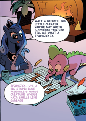 Size: 585x817 | Tagged: safe, artist:andypriceart, edit, idw, princess luna, spike, alicorn, dragon, pony, board game, comic, kwyjibo, parody, scrabble, text edit, the simpsons