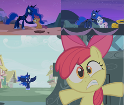 Size: 1409x1195 | Tagged: safe, screencap, apple bloom, princess luna, scootaloo, sweetie belle, alicorn, pony, for whom the sweetie belle toils, sleepless in ponyville, compilation, hilarious in hindsight