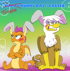Size: 2471x2498 | Tagged: safe, artist:rupertbluefox, derpibooru import, gilda, smolder, dragon, griffon, angry, blushing, bunny ears, colorful background, cross-popping veins, cute, easter, gildere, gradient background, grumpy, holiday, pouting, smolderbetes, smoldere, teeth, tsundere