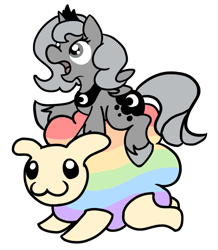 Size: 905x1039 | Tagged: safe, artist:rainwolfy, princess luna, alicorn, pony, sheep, :3, filly, riding, simple background, woona