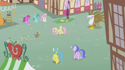 Size: 1280x720 | Tagged: safe, derpibooru import, screencap, berry punch, berryshine, fluttershy, gilda, lemon hearts, sea swirl, seafoam, spring melody, sprinkle medley, twinkleshine, duck, earth pony, griffon, pegasus, pony, unicorn, griffon the brush off, female, mare