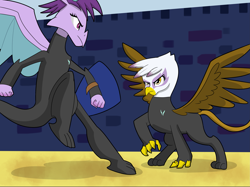 Size: 3357x2517 | Tagged: safe, artist:chedx, derpibooru import, gilda, prominence, dragon, griffon, comic:the storm kingdom, clothes, fort ponyville, shield, sparing, storm army, uniform