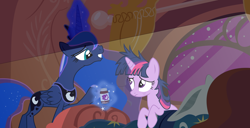 Size: 4520x2308 | Tagged: safe, artist:farminilla, princess luna, twilight sparkle, alicorn, pony, insomnia, melatonin