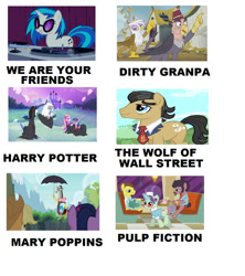 Size: 843x948 | Tagged: safe, derpibooru import, edit, edited screencap, screencap, applejack, discord, dj pon-3, filthy rich, gilda, grampa gruff, twilight sparkle, twilight sparkle (alicorn), vinyl scratch, alicorn, earth pony, pony, family appreciation day, suited for success, the lost treasure of griffonstone, the saddle row review, three's a crowd, twilight's kingdom, dirty grandpa, harry potter, mary poppins, meme, pulp fiction, the wolf of wall street, we are your friends