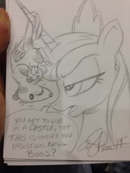 Size: 768x1024 | Tagged: safe, artist:andypriceart, princess luna, tiberius, alicorn, pony, luna is not amused, monochrome, traditional art