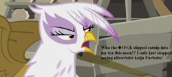 Size: 1280x576 | Tagged: safe, derpibooru import, edit, edited screencap, screencap, gilda, the lost treasure of griffonstone, angry, catnip, censored vulgarity, cropped, dialogue, grawlixes