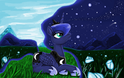 Size: 1024x642 | Tagged: safe, artist:mlpdarksparx, princess luna, alicorn, pony, day, female, field, flower, galaxy mane, grass, legitimately amazing mspaint, mare, ms paint, night, prone, scenery, sky, solo, speedpaint available, surreal