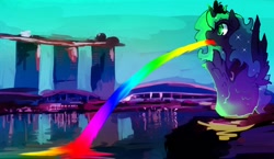 Size: 1000x580 | Tagged: safe, artist:kolshica, princess luna, alicorn, pony, fountain, marina bay sands, merlion, singapore, solo