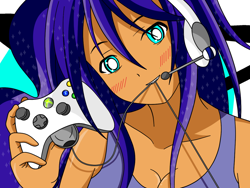 Size: 1024x771 | Tagged: dead source, safe, artist:jollyrogers5, princess luna, human, blushing, bust, controller, gamer girl, gamer luna, headset, human coloration, humanized, solo, xbox
