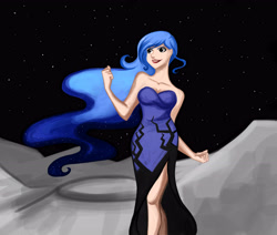 Size: 5200x4400 | Tagged: safe, artist:tao-mell, nightmare moon, princess luna, human, absurd resolution, clothes, dress, frozen (movie), humanized, let it go, moon, nightmare luna, parody, solo, space
