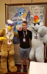 Size: 1311x2048 | Tagged: safe, artist:spainfischer, derpibooru import, gallus, gilda, rainbow dash, griffon, human, everfree northwest, fursuit, gavin langelo, irl, irl human, photo, sydneyroo(coser)