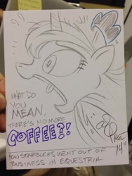Size: 768x1024 | Tagged: safe, artist:andypriceart, princess luna, alicorn, pony, coffee, little tongue, luna loves coffee, monochrome, sketch, solo, starbucks, traditional art