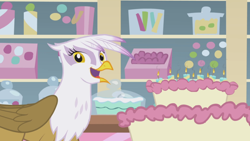 Size: 1366x768 | Tagged: safe, derpibooru import, screencap, gilda, griffon the brush off, cake, food, happy, smiling, solo, when she smiles