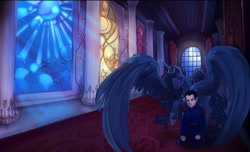 Size: 1280x778 | Tagged: safe, artist:saint-juniper, princess luna, human, crossover, ender wiggin, ender's game, throne room